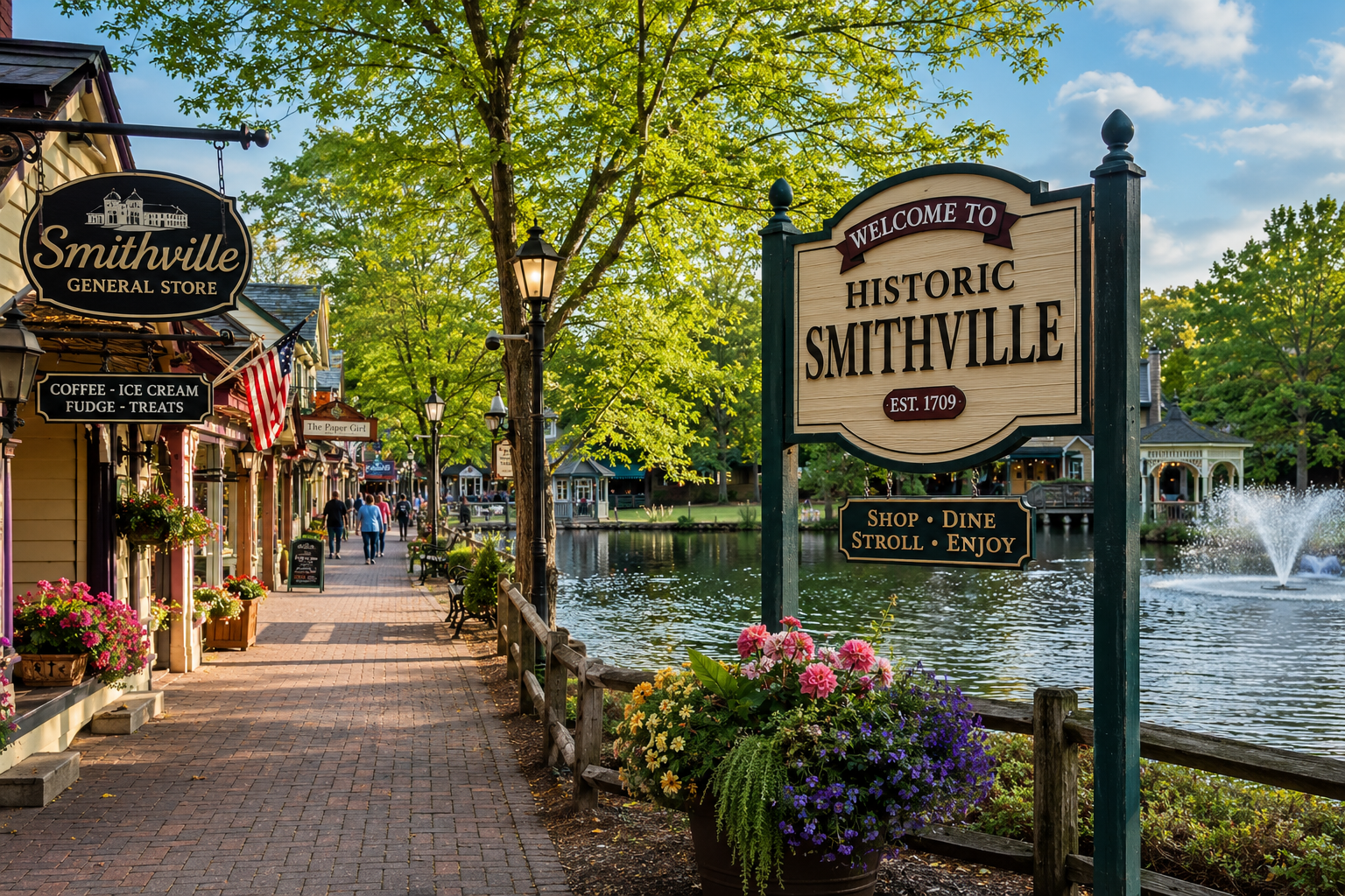 Historic Smithville village entrance with charming shops and walking paths