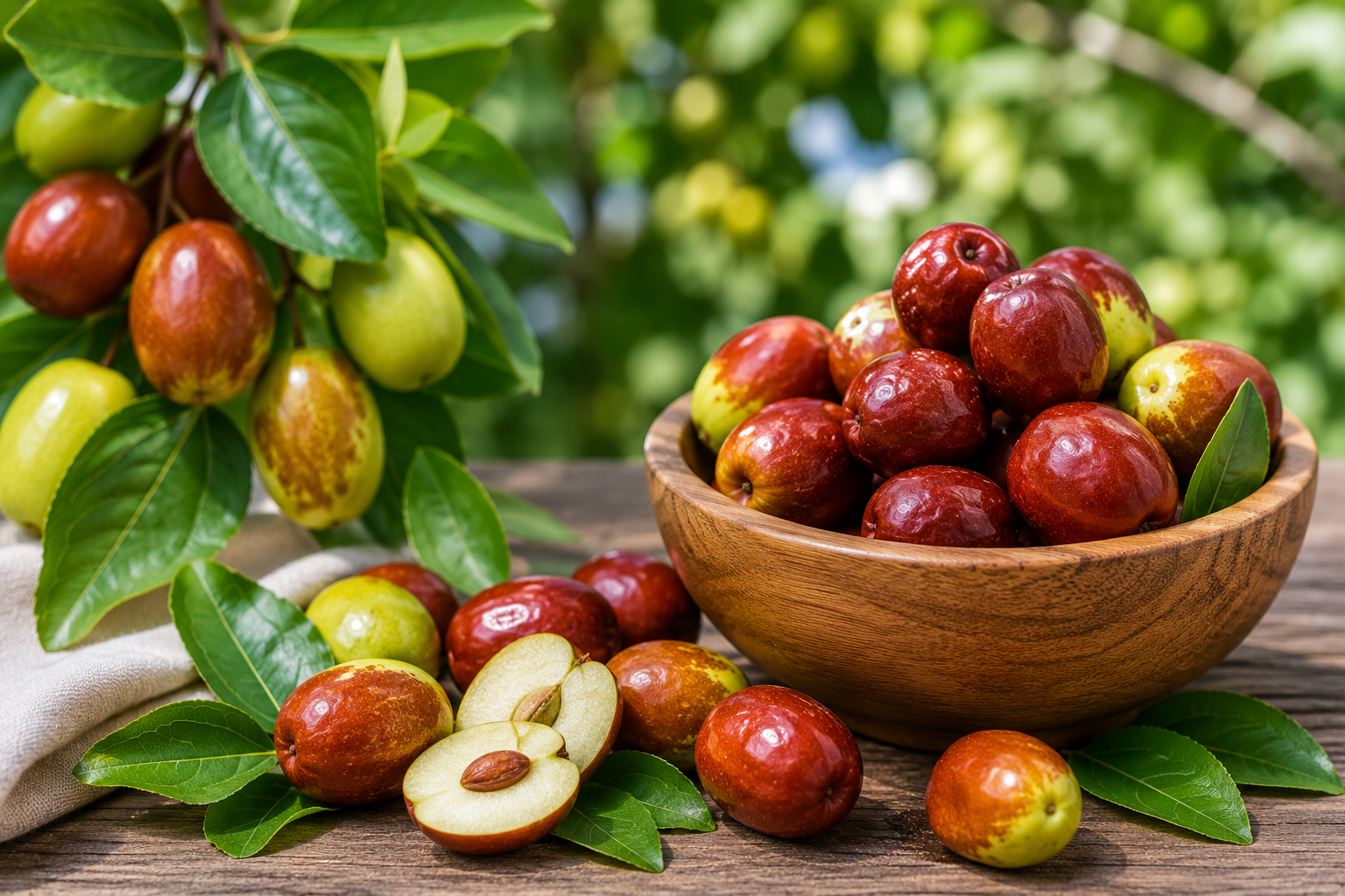Fresh žižole fruit growing on a jujube tree branch